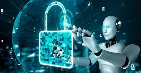 AI robot huminoid uses cloud computing technology to store data on online server Illustrazione stock