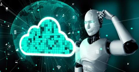 AI robot huminoid uses cloud computing technology to store data on online server Stockillustratie