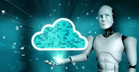 AI robot huminoid uses cloud computing technology to store data on online server Illustrazione stock
