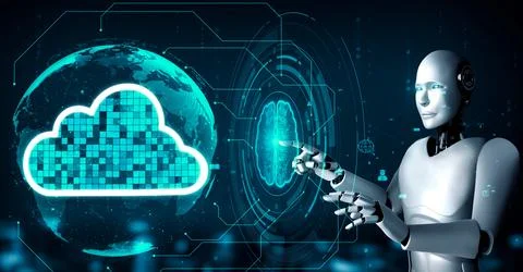 AI robot huminoid uses cloud computing technology to store data on online server Stockillustratie