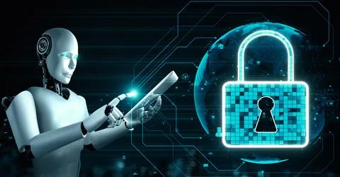 AI robot huminoid uses cloud computing technology to store data on online server Stock Illustration