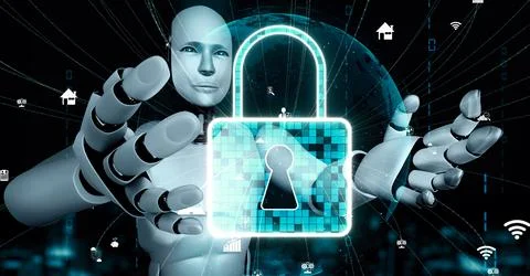 AI robot huminoid uses cloud computing technology to store data on online server Illustrazione stock