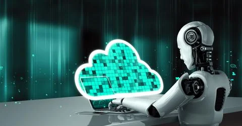 AI robot huminoid uses cloud computing technology to store data on online server Stock Illustration
