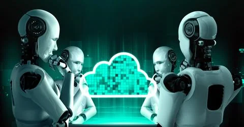 AI robot huminoid uses cloud computing technology to store data on online server Illustrazione stock