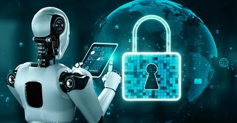 AI robot huminoid uses cloud computing technology to store data on online server Illustrazione stock