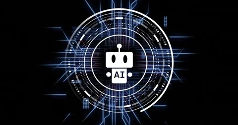 AI robot icon and digital interface over futuristic blue light patterns Stock Footage 310867353