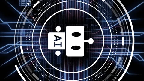 AI robot icon and digital interface over futuristic blue light patterns Stock Footage 313340364