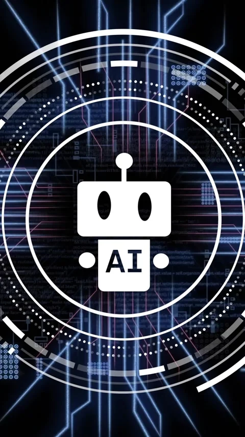 AI robot icon and digital interface over futuristic blue light patterns Stock Footage 319882902