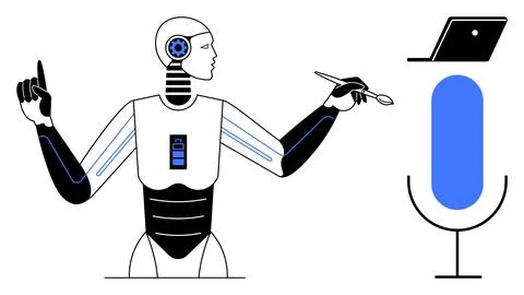 AI robot interacting with a laptop and microphone, representing futuristic .. Illustrazione stock