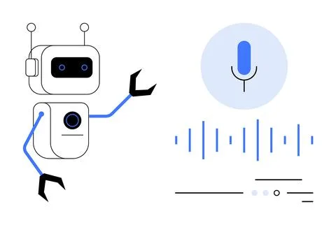 AI robot interacting with voice command interface and audio waveform. Ideal f 스톡 일러스트