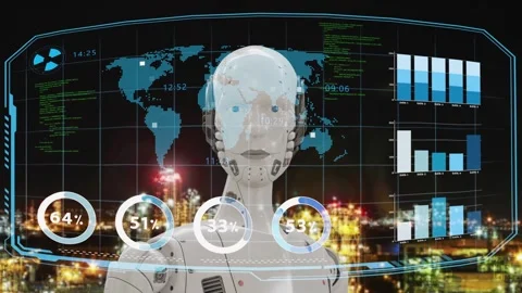 AI robot looking at Industrial data through HUD hologram. Stock-Footage 253613633