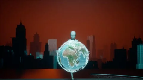 Ai robot looking at planet earth holographic projection around. City futuris Stock Footage 258477052