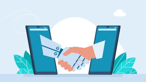 Ai robot, man shaking hands. Partnership between Businessman, robots Handshaking Stock Footage 305631875