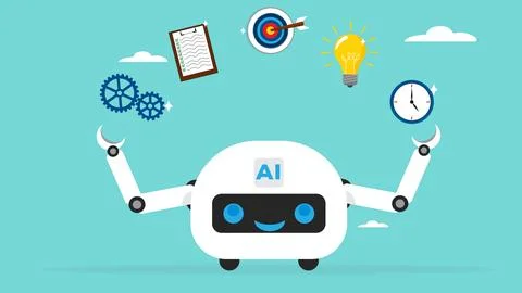 AI robot manage multiple project management concept illustration, juggle mu.. 库存插图