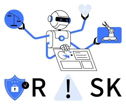 AI robot managing documents, holding symbols for law, health, security, and r Stock Illustration