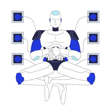 AI robot meditating while connected to power outlets 2D cartoon character Stock Illustration