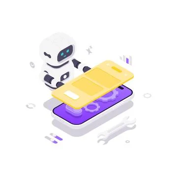 AI Robot For Mobile App Development And UI Design Isometric Vector Illustrati Stock-Illustration