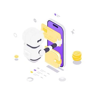 AI Robot For Mobile Payment And Digital Wallet Isometric Vector Illustration Stock Illustration