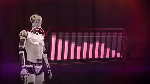 An AI robot monitors the fall of dollar quotes on a virtual panel. Stock Footage 250507585