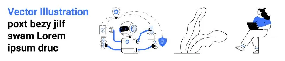 AI robot multitasking with chat bubble, percentage icon, shield, wrench perso Illustrazione stock