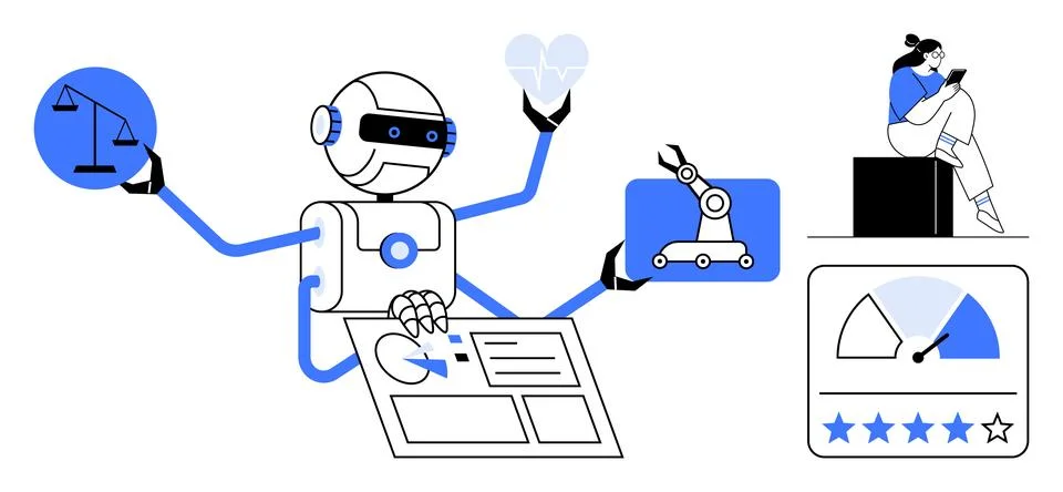 AI Robot Multitasking in Various Fields Including Health, Justice, and Auto.. Illustrazione stock