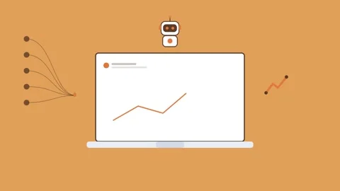 AI robot over a laptop with an ascending data line, graph icon and data stream Stock Footage 342599319