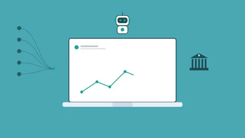 AI robot over a laptop with a rising financial line chart Stockbeeldmateriaal 342599501