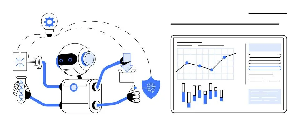 AI robot performing multiple tasks while analyzing data on digital dashboar.. Stock Illustration