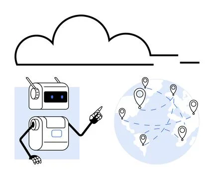 AI Robot Pointing at Cloud Computing and Global Network Connectivity Concept Stock Illustration