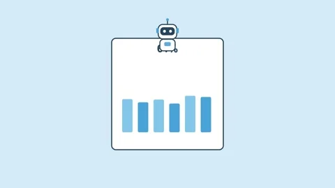 AI robot pointing at a large screen with growing bar chart statistics, sky blue Video stock 342603100