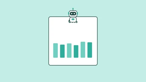 AI robot pointing at a large screen with growing bar chart statistics, teal Stock Footage 342603102