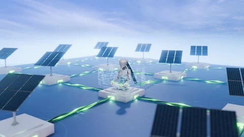 AI Robot Powered by Electric Energy and Solar Panels on Smart Grid Stock Footage 337186905