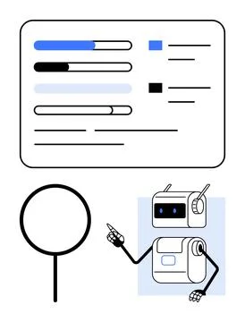 AI Robot Presenting Analysis Data with Progress Bars and Magnifying Glass S.. Illustrazione stock