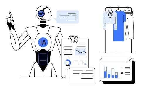 AI Robot Presenting Data Charts and Analyzing Clothing Choices Illustrazione stock