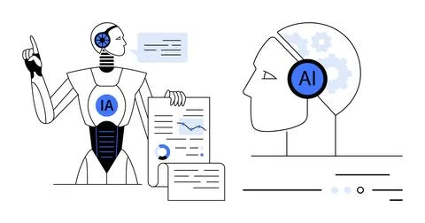 AI robot presenting data insights, holding charts and documents, with a detai Illustrazione stock