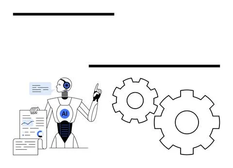 AI Robot Presenting Data with Large Gears in Technological Concept Diagram Stock Illustration