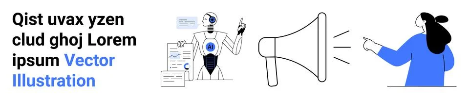 AI robot presenting data using charts, human pointing at a large loudspeaker. Illustrazione stock