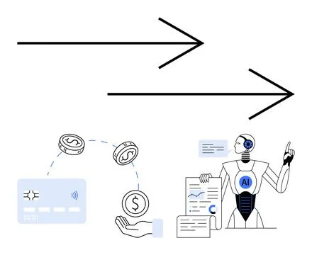 AI Robot Presenting Financial Technology Concepts with Credit Card and Cash.. Illustrazione stock