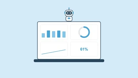 AI robot presenting a laptop analytics dashboard with bar chart, donut chart Stock Footage 342603203
