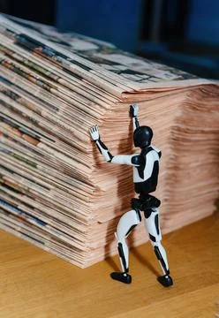 AI Robot Pressuring Stack of Newspapers Foto stock