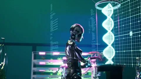 Ai robot programming dna in bioengineering laboratory. Blue background with  Stock Footage 306543279
