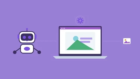 AI robot recognizing image content on a laptop, violet color scheme 動画素材 342534089