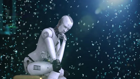Ai robot sit down and think or compute like thinker man Stock Footage 308358884