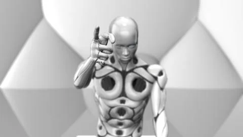 AI Robot sitting pointing simulation of human intelligence by machines Illustrazione stock