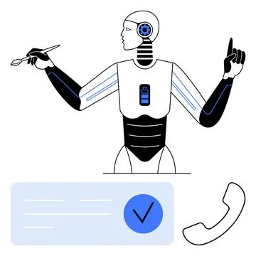 AI robot solving multiple tasks simultaneously, equipped with pencil and touch Stock Illustration
