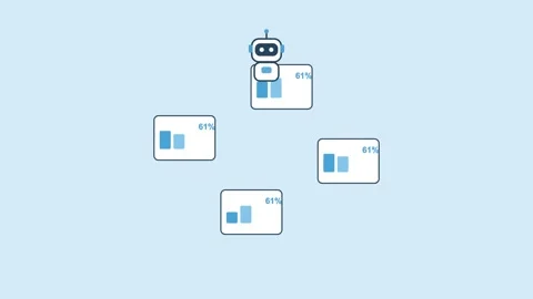 AI robot surrounded by analytics cards with charts and percentages, sky blue Stock Footage 342603251