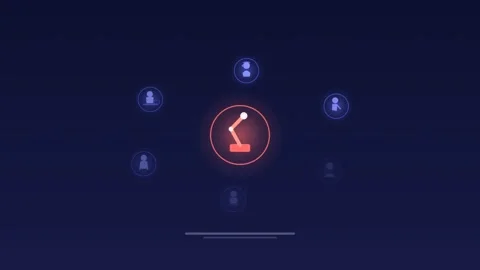 AI robot surrounded by fading workers indigo background loop Vidéo 342617328