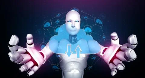 AI robot using cloud computing technology to store data on online server Stock Illustration