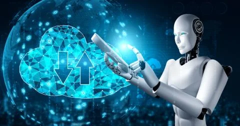AI robot using cloud computing technology to store data on online server Stock Illustration