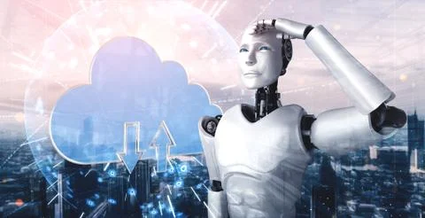 AI robot using cloud computing technology to store data on online server Stock Illustration